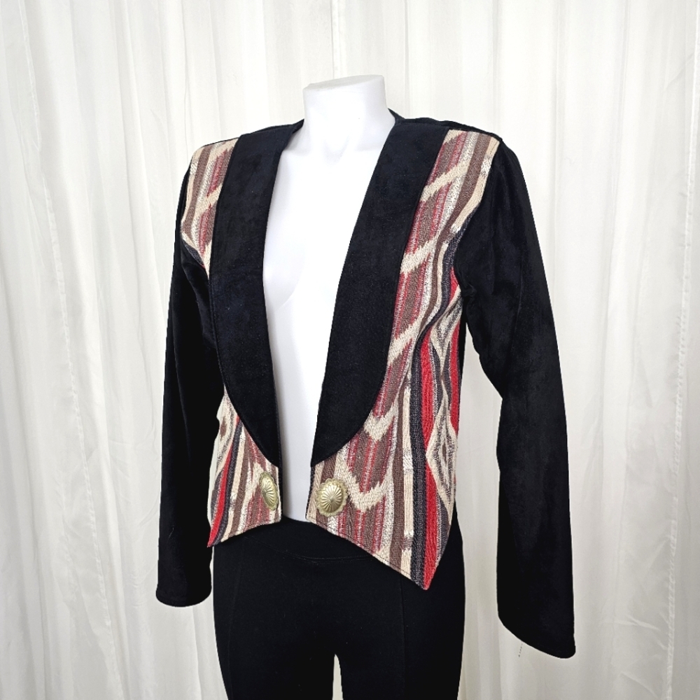 Vintage TA Branded Santa Fe Southwest Boho Aztec Open Front Black Suede Jacket M
